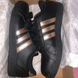 Black and Rose Gold Adidas sneakers
